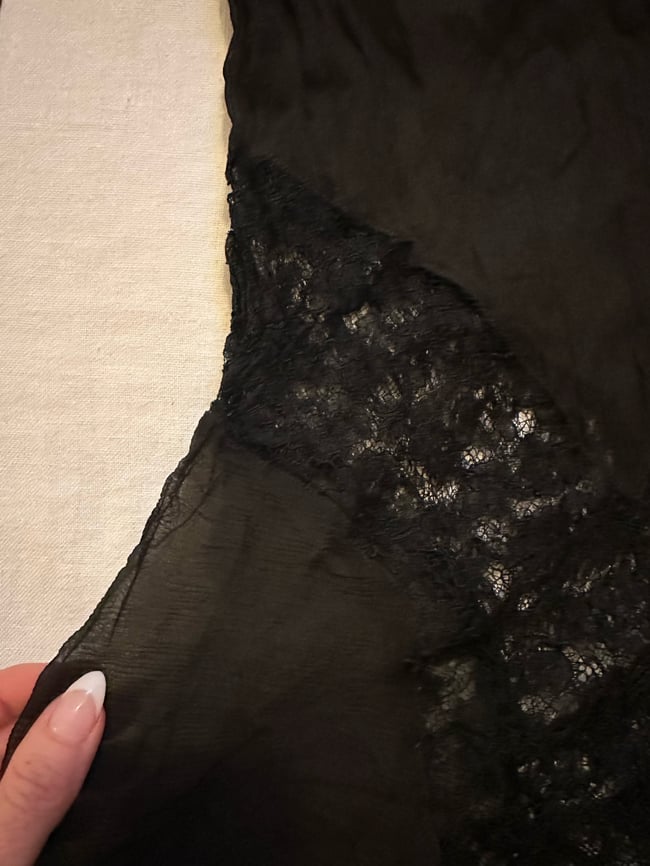 1920s noir tissue silk and handmade lace dress 