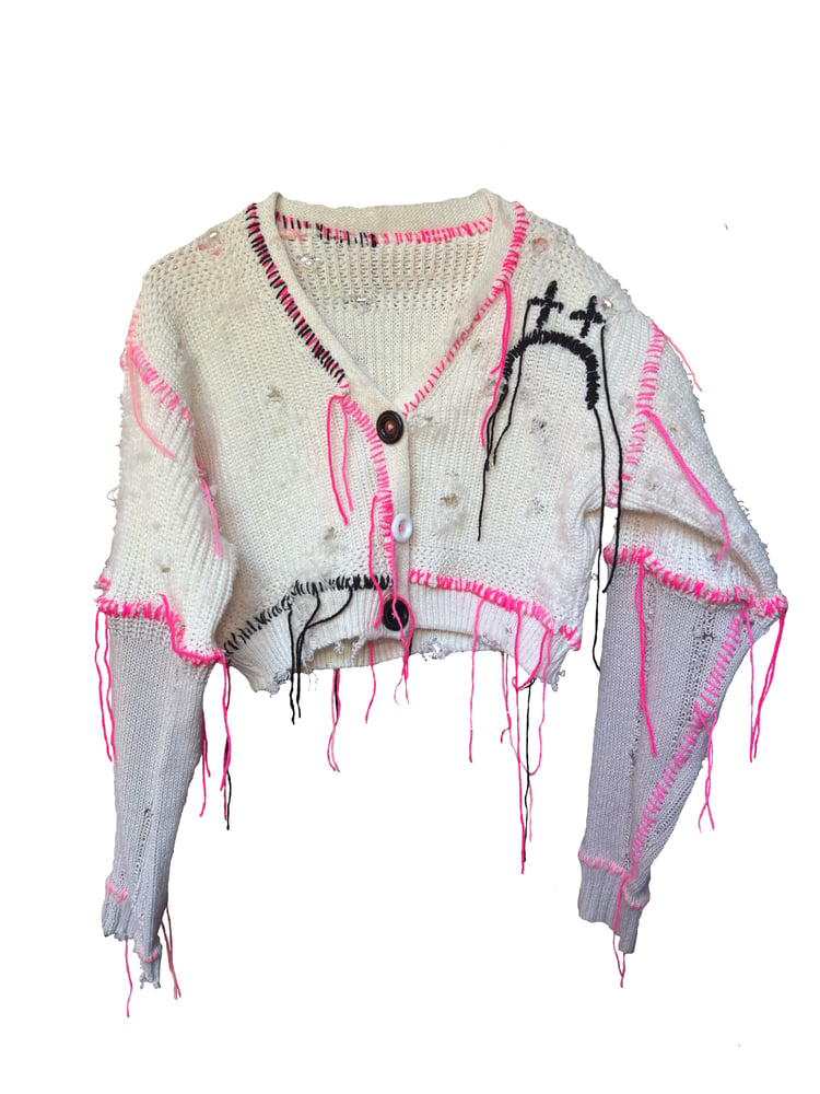 Image of JOKER EYES DISTRESSED WHITE CARDIGAN 