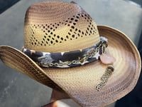 Image 2 of 2 Tone Brown Cowboy Hat Red/White/Blue Bandanna & Crystal Band