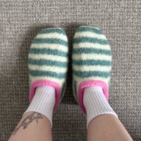 Image 2 of Felted slippers in sea green stripe with pink