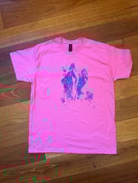 Image 2 of Pink T shirt with purple pussy print (large)