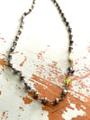 peacock pearl rosary style necklace with peridot, pearl, and iolite