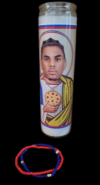 Image 2 of Keon Coleman Buffalo Bills prayer candle with friendship bracelet