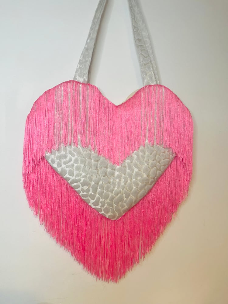 Image of 💖 Silver & Hot Pink Heart Bag – Fringe Statement Piece