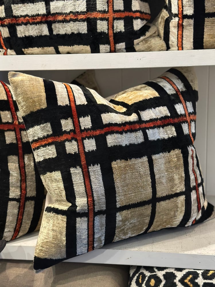 Image of Check Ikat Velvet Cushion 