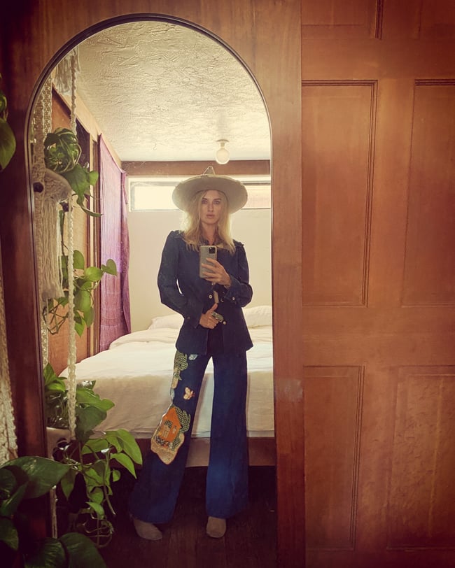 early 70s denim appliqué trouser suit