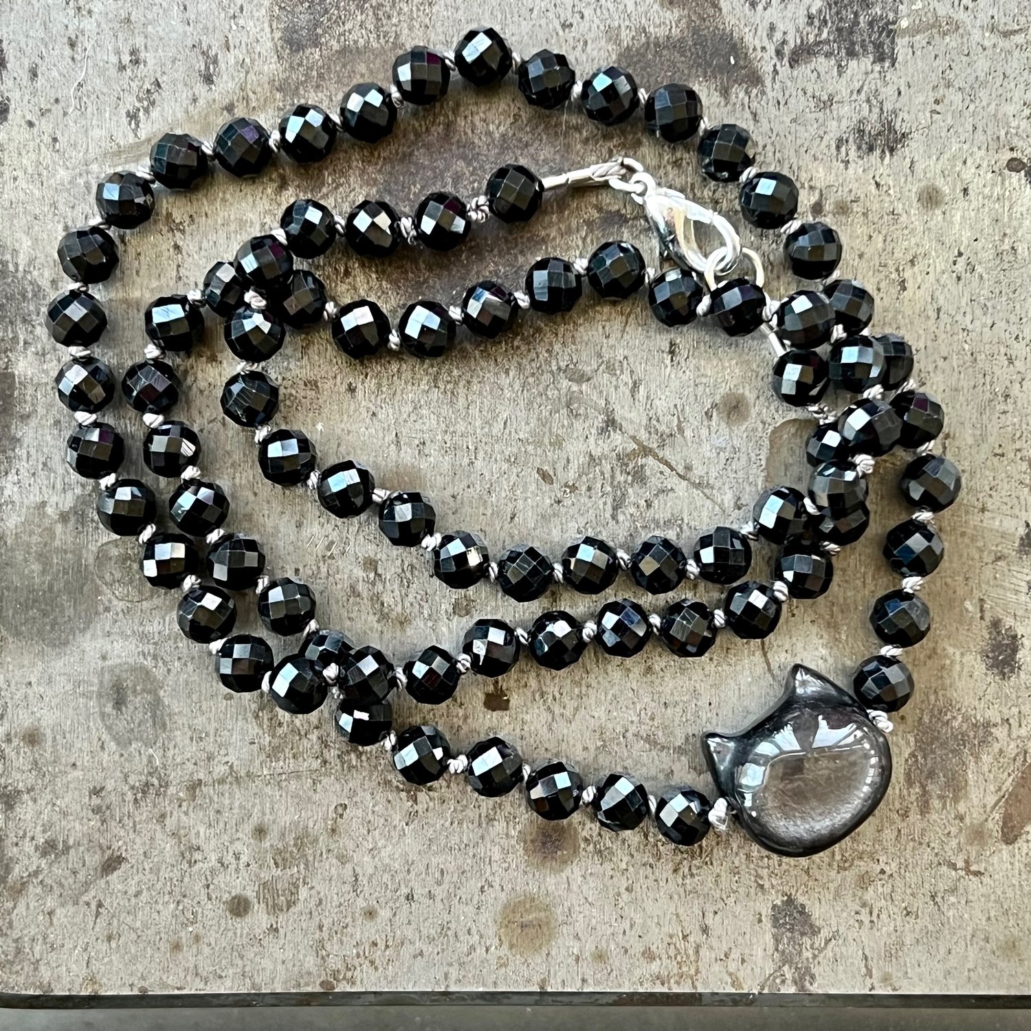 Image of Black Spinel & Silver Obsidian Beaded Necklace