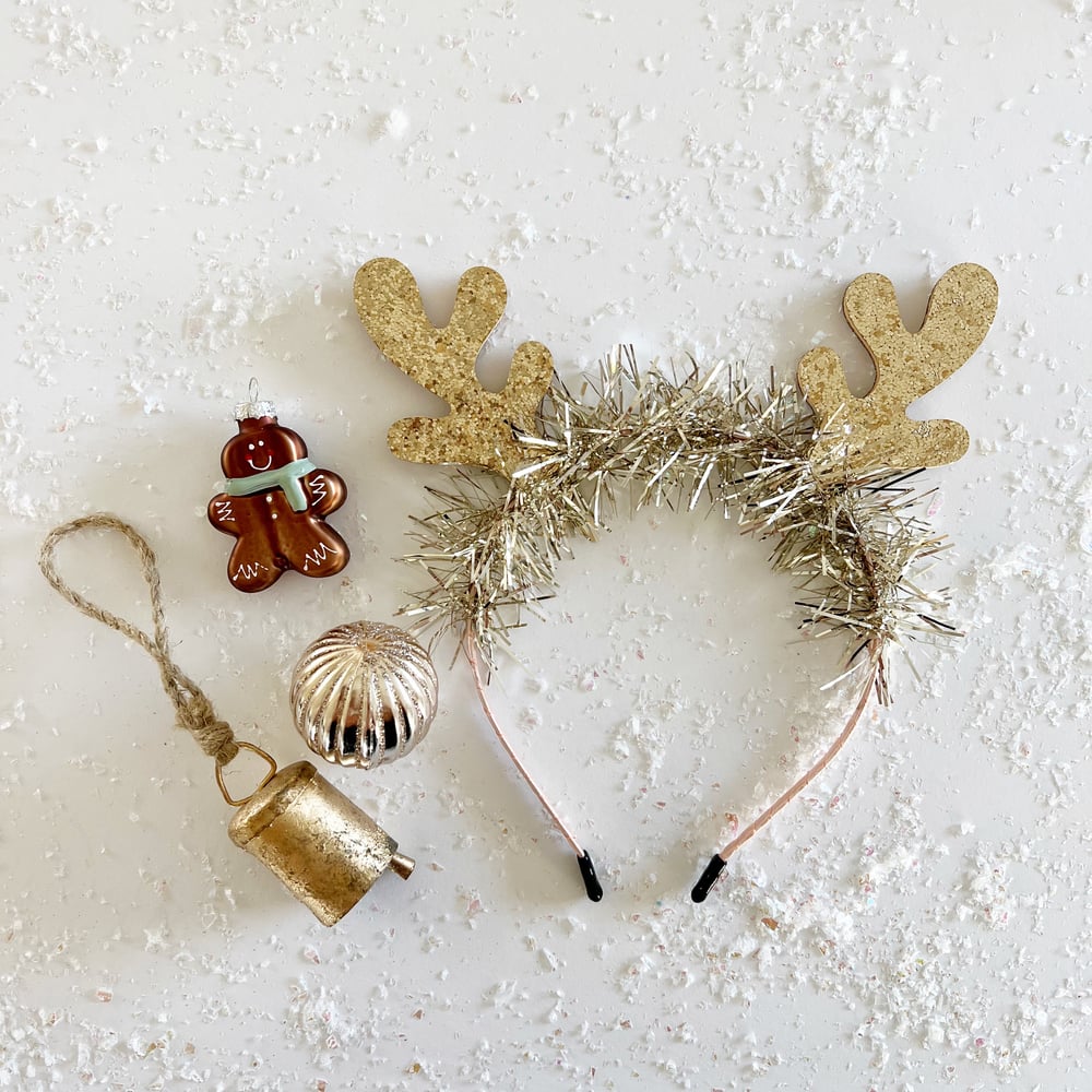 Image of Glitter Reindeer Headband with Gold Tinsel 