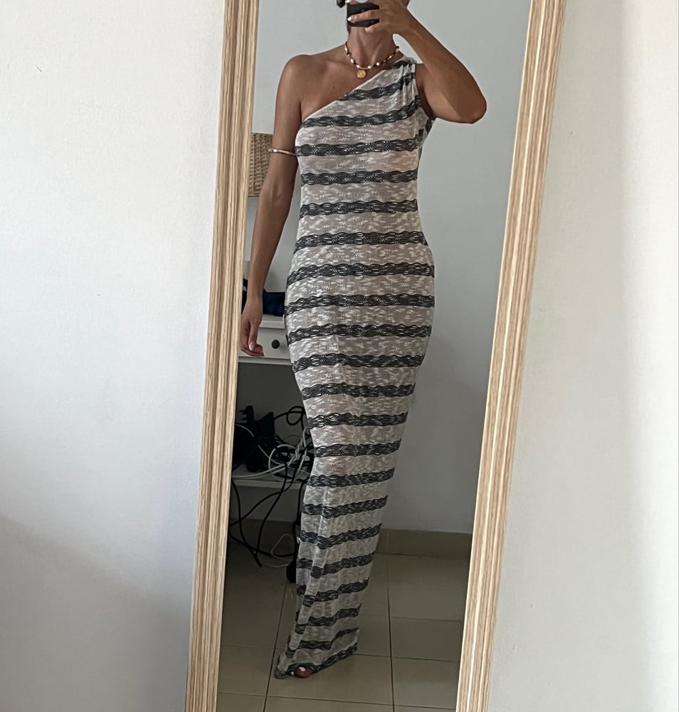 Image of Stripe Knit Asymmetric Maxi Dress 