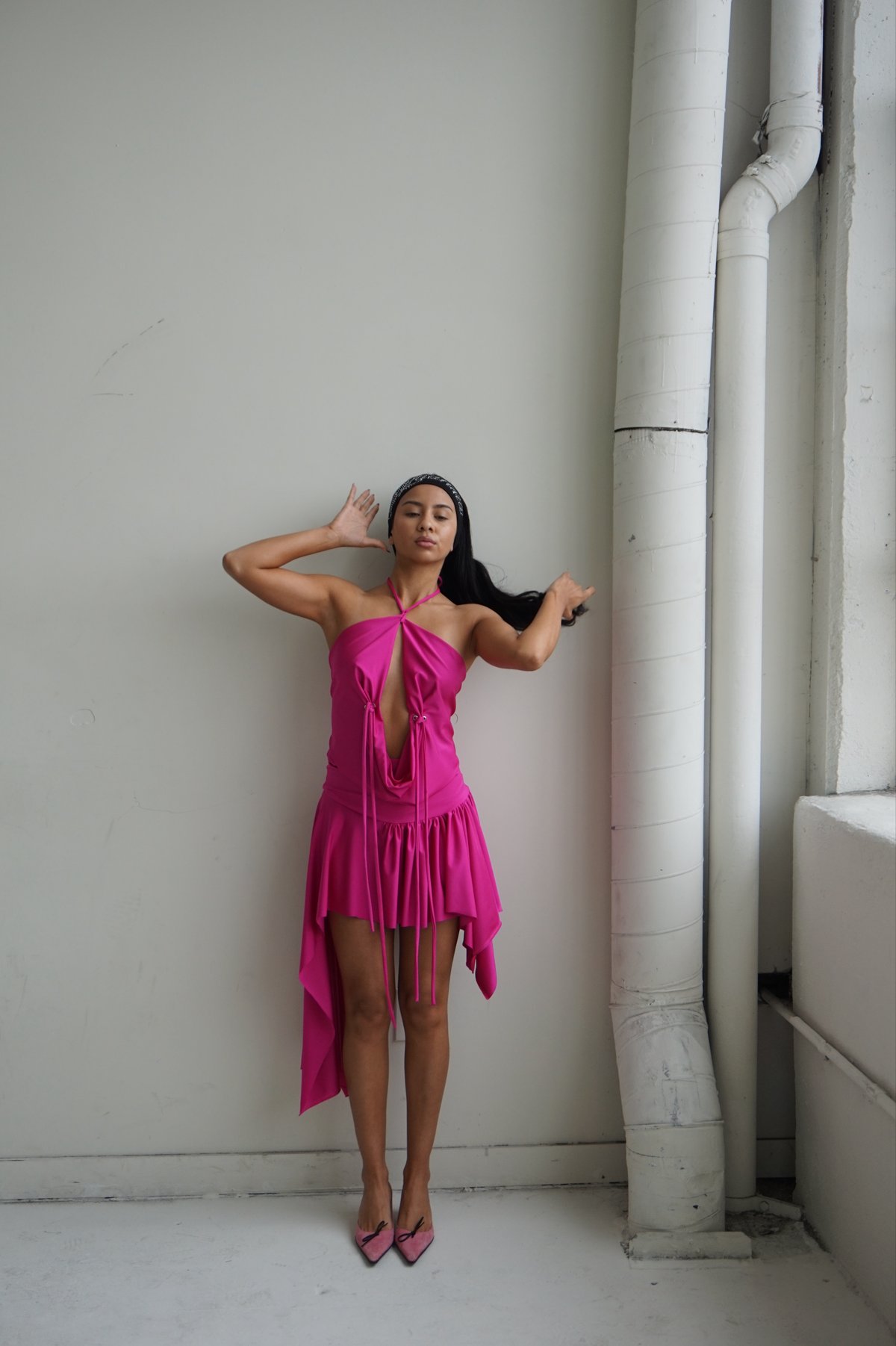 Image of MAGENTA / frilled asymmetric dress