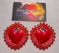 Image 2 of Hand Polished Red Heart XL Beaded Earrings