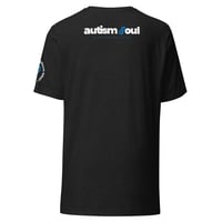 Image 2 of autism soul black heather unisex t-shirt front, back and sleeve logo 