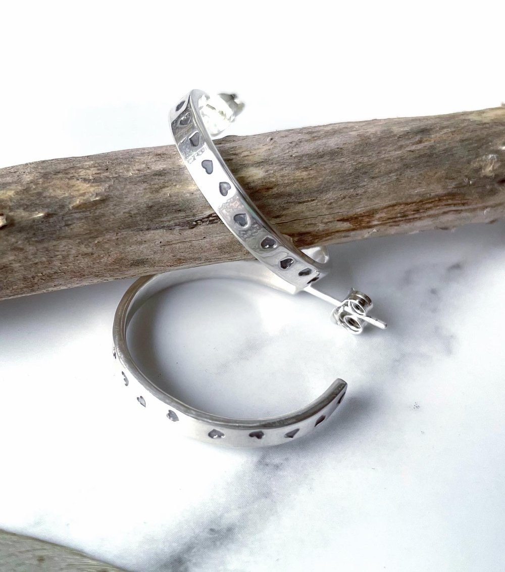 Handmade Sterling Silver Love Heart Midi Hoop Earrings 925