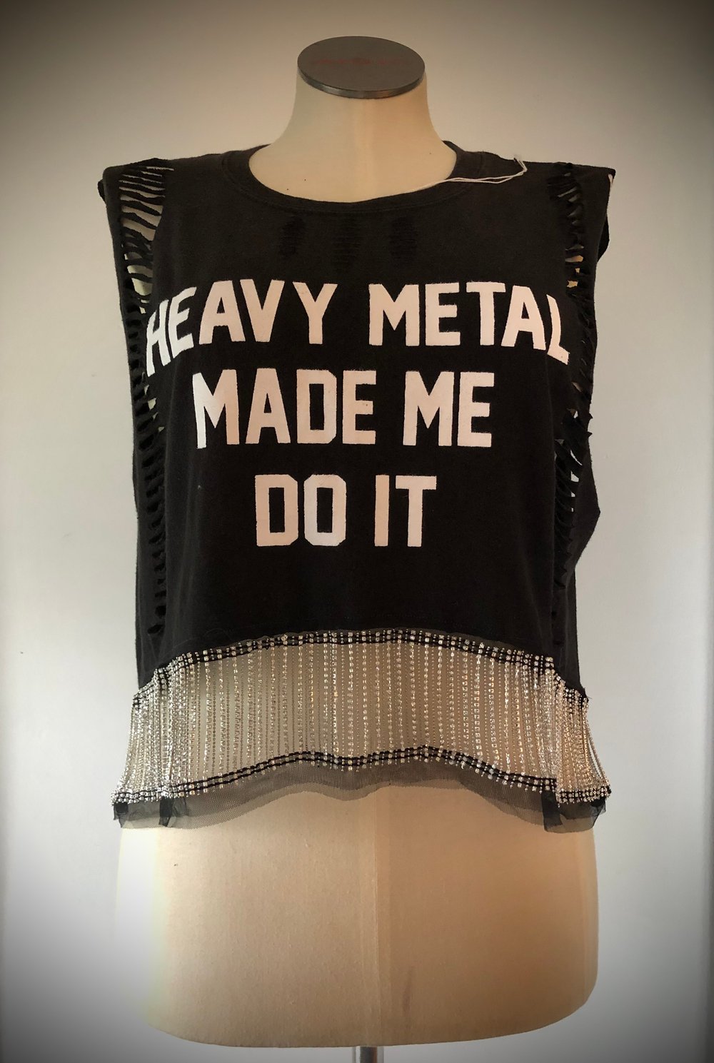 Upcycled “Heavy Metal Made Me Do It” rhinestone fringe tee
