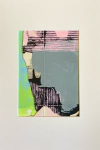 Grey Green and Pink Screen and Lino Collage in white mount