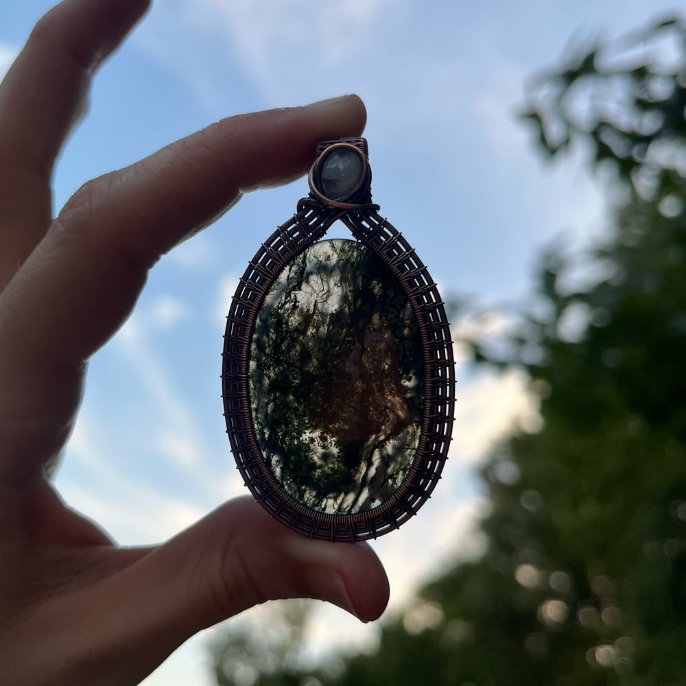 Image of moss agate x rainbow moonstone pendant