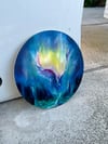 “Arrival” oil on 19.5 inch wood round 