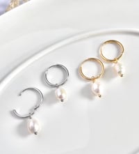 Image 4 of Pearl Hoop Huggie Earrings