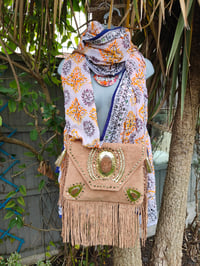 Image 2 of Thassos scarf -white with navy blue trim -autumnal colours