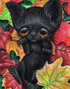Black Cat Autumn Leaves Art Print 