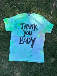 Image 1 of Green tie dye multi colour T shirt with deep green text (XL)