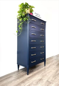 Image 8 of Vintage Stag Chateau Tallboy / Large Chest of Drawers painted in navy blue.