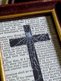 Image 2 of " 2 way Crucifix" 1800's bible page with preserved spider web 5