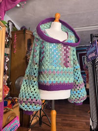 Image 2 of BLUEBELL - Hooded short top jumper M/L - flared bell sleeve - handmade crochet - one of a kind