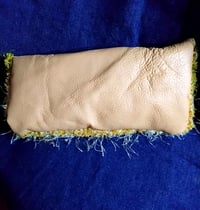Image 2 of Beige leather clutch bag with green& yellow crocheted front