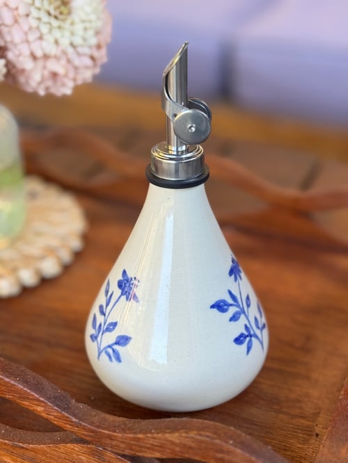 Image of Blue and white floral ceramic olive oil cruet 