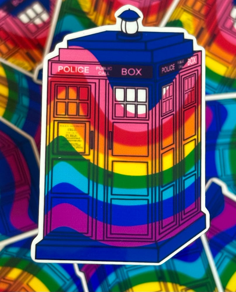 Image of Gilbert Baker Pride Tardis Sticker