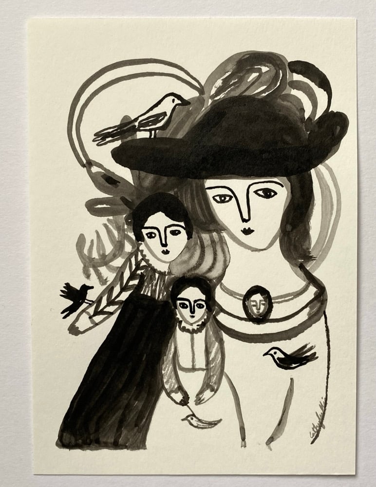 Image of bird lovers - original ink drawing