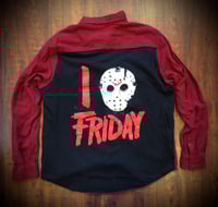 Upcycled “I Love Fridays/Jason” t-shirt flannel