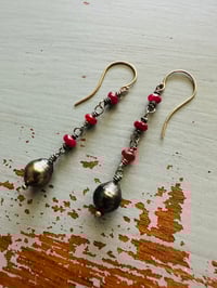Image 11 of ruby and Tahitian pearl dangle earrings by peacesofindigo