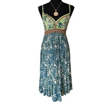 Image 1 of Original Batik Print Blue and Green Crochet Sundress by Santiki - NWT - Lillian -Size Small 