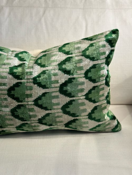 Image of Ikat Velvet Cushion with Green Detailing 