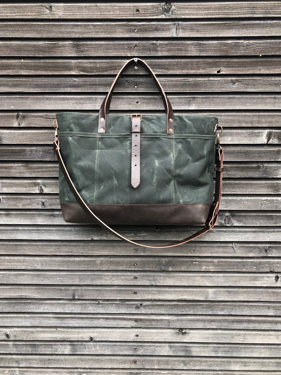Image of XL carryall in forest green waxed canvas with oiled leather base