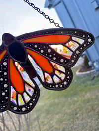 Image 2 of Orange Monarch Butterfly Stained Glass Suncatcher - Handmade Confetti Glass Window Art