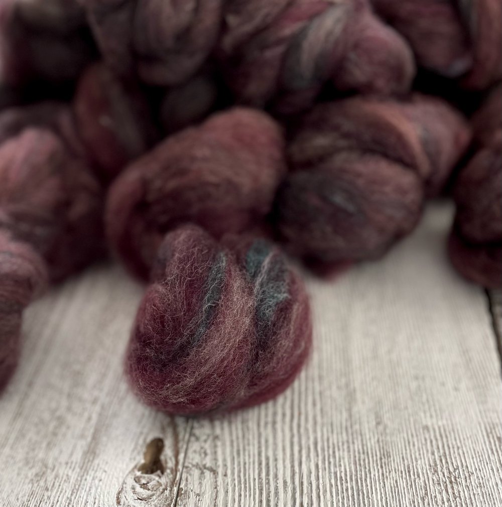 3.2 oz. • Ivy & Wine (Heathered): on Gulf Coast Native, Falkland, Cheviot, Targhee, bamboo, silk