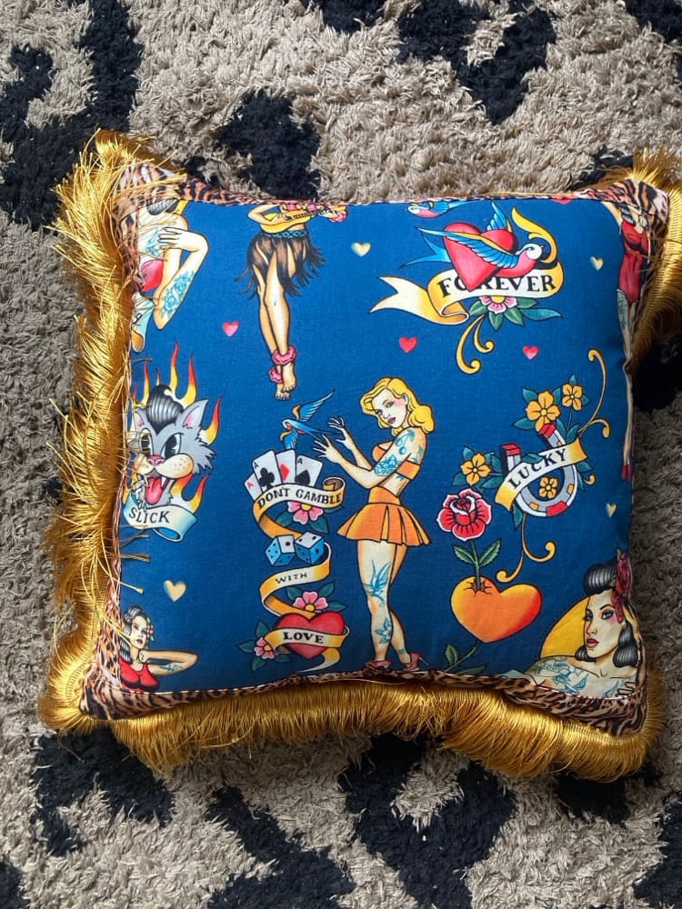 blue Pinup Girl with tiger print Cushion cover Image 3