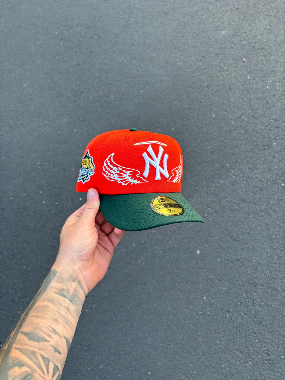 Image of TRI TONE ORANGE GREEN NEW YORL YANKEES CUSTOM FITTED CAP