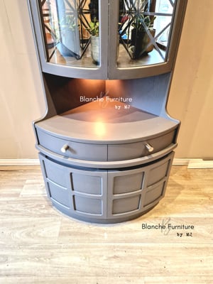 Image of Nathan Corner Drinks Cabinet unit with light in grey - with geometric styled mirrors