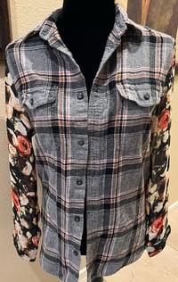Image 2 of Vintage Funky Sleeve Black/Gray/Orange Flannel Shirt Floral Sleeves A Walk With My Cat