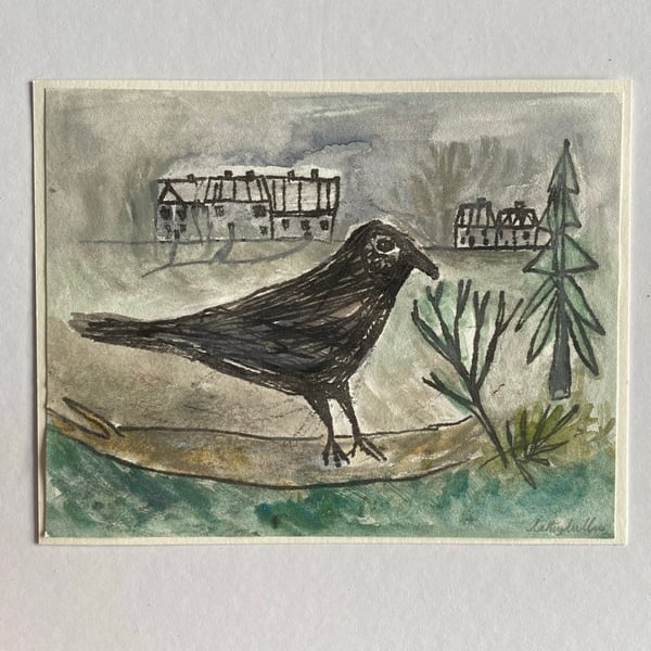 Image of Crow in early winter - mixed media artwork 