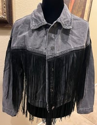 Image 2 of Vintage Black Denim Jacket Fringe Dolly Parton