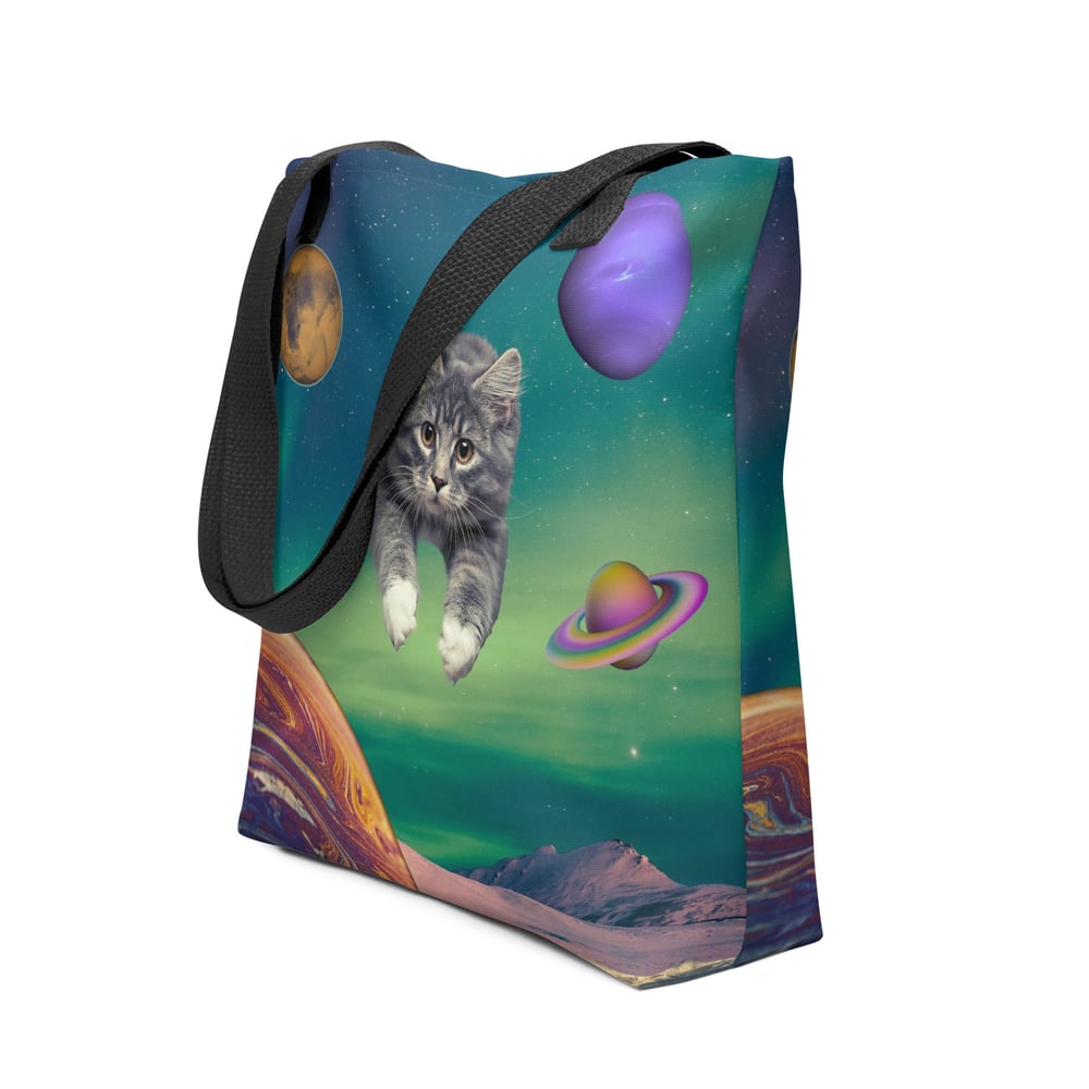 Image of Cat Flying through Space - All Over Print Tote Bag