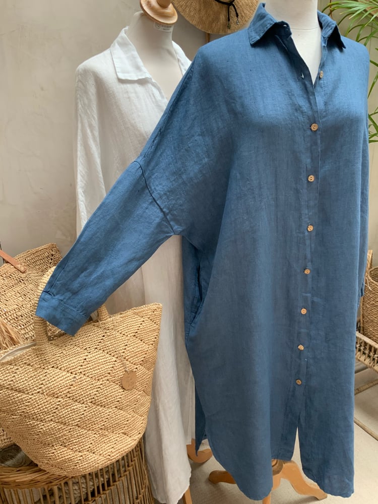 Image of Robe chemisier en lin HéRA Bleu Jean's