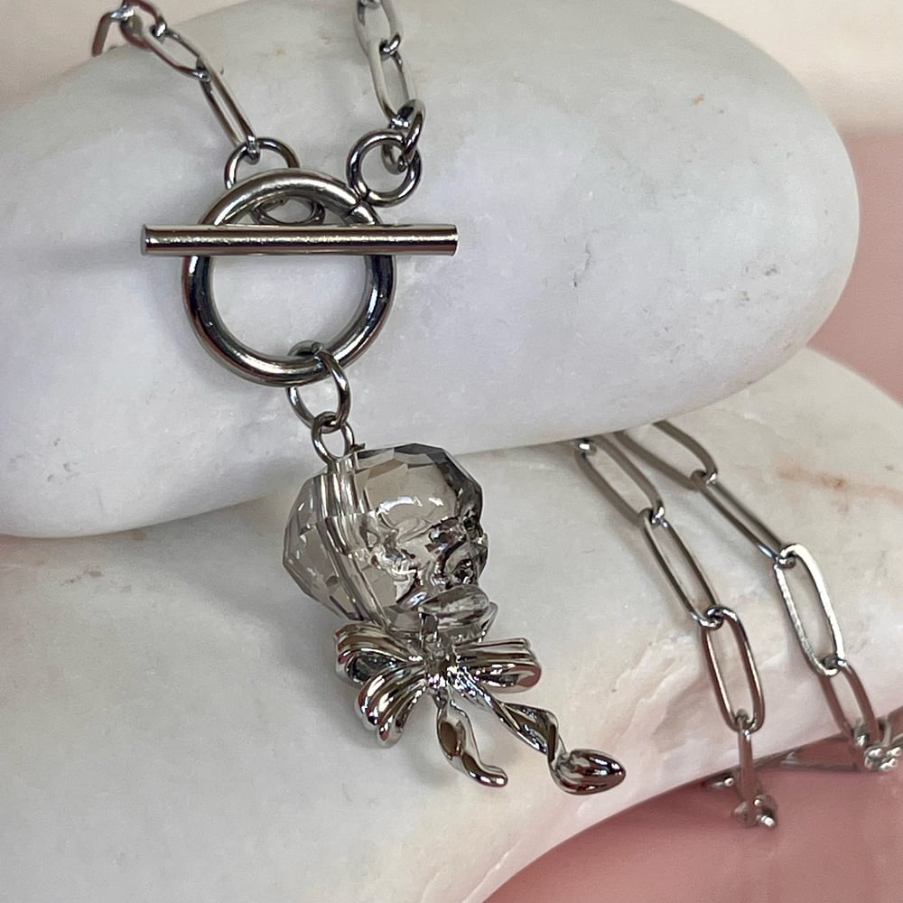 Image of Glass Skull and Bow on Paperclip Chain Silver