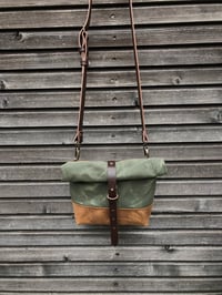 Image 2 of Satchel in olive green waxed canvas with recycled leather base