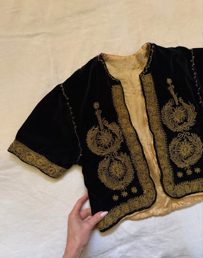 antique velvet folk crop jacket with metallic gold embroidery 